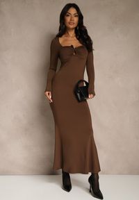 Renee - Brązowa Sukienka Koktajlowa z Wiskozą Ozdobiona Metaliczną Aplikacją Refane. Okazja: na randkę, na imprezę. Kolor: brązowy. Materiał: wiskoza. Wzór: aplikacja. Sezon: lato. Styl: wizytowy #4