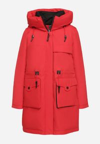 Born2be - Czerwona Kurtka Parka z Kapturem Kieszeniami i Ściągaczem w Talii Ravissia. Okazja: na co dzień, na spacer. Typ kołnierza: kaptur. Kolor: czerwony. Materiał: jeans. Styl: casual, elegancki, klasyczny #7
