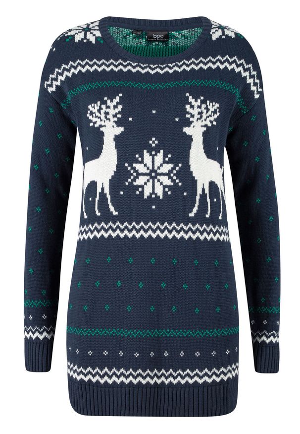 Sweter z zimowym motywem bonprix ciemnoniebieski z zimowym motywem. Kolor: zielony. Materiał: dzianina. Sezon: zima