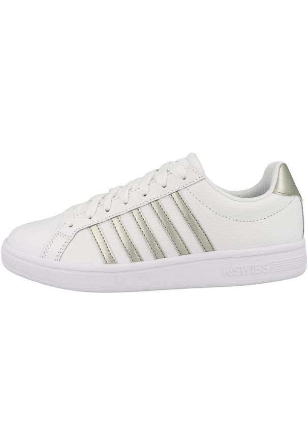 Buty do chodzenia damskie K-Swiss Court Tiebreak. Zapięcie: sznurówki. Kolor: biały. Materiał: tkanina, materiał, skóra, syntetyk. Szerokość cholewki: normalna. Sport: turystyka piesza