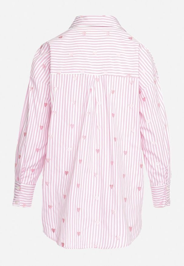 Born2be - Różowa Koszula Bawełniana w Paski z Haftowanymi Serduszkami Sanileni. Kolor: różowy. Materiał: bawełna. Wzór: paski, haft