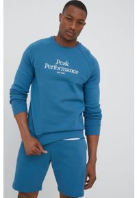 Peak Performance bluza męska z nadrukiem. Okazja: na co dzień. Kolor: niebieski. Materiał: bawełna. Długość rękawa: raglanowy rękaw. Wzór: nadruk. Styl: casual