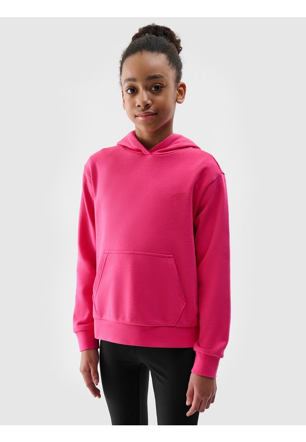 4f - 4F Bluza dresowa nierozpinana z kapturem dziewczęca - różowa 152 (11-12 lat). Okazja: na co dzień. Typ kołnierza: kaptur. Kolor: różowy. Materiał: dresówka. Wzór: ze splotem, gładki. Sezon: lato. Styl: sportowy, casual