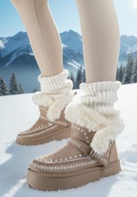 Born2be - Ciemnobeżowe Śniegowce na Grubej Podeszwie Ozdobione Haftowanym Motywem i Futerkiem Caretusa. Okazja: na co dzień. Kolor: beżowy. Materiał: futro. Wzór: haft, aplikacja. Styl: elegancki, casual, klasyczny #1