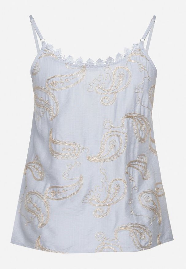 Born2be - Jasnoniebieski Top na Cienkich Ramiączkach z Haftem i Metaliczną Nicią Palinoria. Okazja: na co dzień, na spacer. Kolor: niebieski. Materiał: jeans. Długość rękawa: na ramiączkach. Wzór: haft. Styl: klasyczny, elegancki, casual