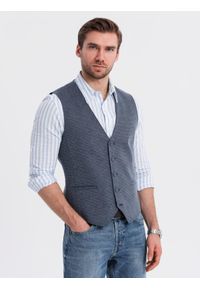 Ombre Clothing - Dopasowana elegancka męska kamizelka ze strukturalnej dzianiny – granatowa V1. Okazja: na co dzień. Kolor: niebieski. Materiał: dzianina. Wzór: melanż, jednolity. Styl: elegancki #9