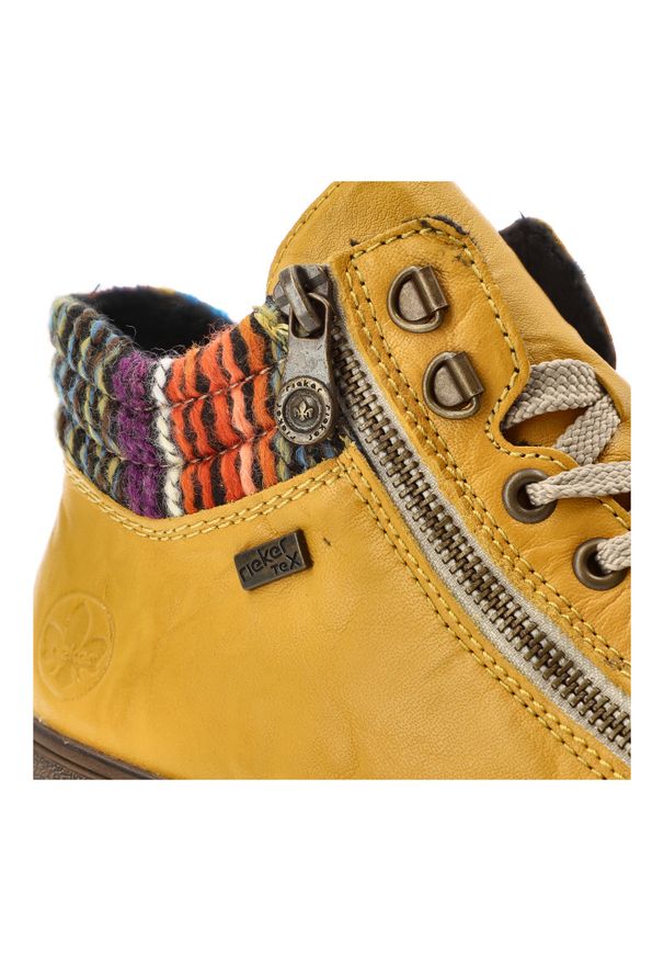 Żółte Botki Rieker Ocieplane Buty Damskie. Okazja: na co dzień. Zapięcie: sznurówki. Kolor: żółty. Materiał: dzianina. Wzór: kolorowy. Sezon: zima, jesień. Styl: elegancki, casual