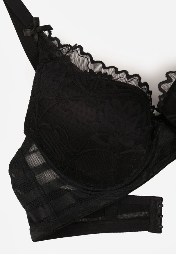 Renee - Czarny Biustonosz Ozdobiony Koronką i Kokardkami Sellene. Kolor: czarny. Materiał: koronka. Wzór: aplikacja, koronka