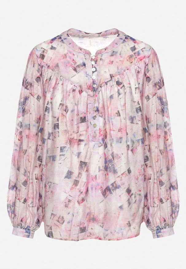 Born2be - Różowa Wiskozowa Bluzka z Luźnymi Rękawami w Abstrakcyjny Print Nimerissa. Kolor: różowy. Materiał: wiskoza. Wzór: nadruk