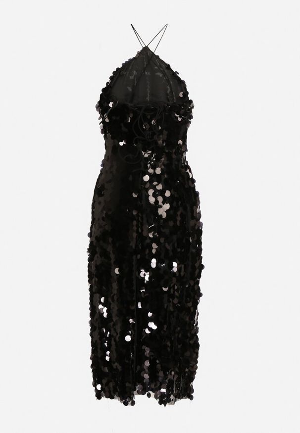 Born2be - Czarna Asymetryczna Sukienka Bogato Zdobiona Cekinami z Wiązaniem na Plecach Lericie. Kolor: czarny. Wzór: aplikacja. Typ sukienki: asymetryczne