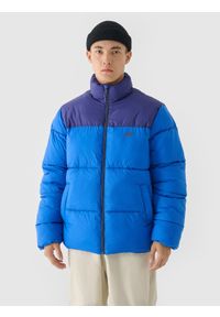 4f - 4F Kurtka puchowa z syntetycznym wypełnieniem męska - niebieska S. Okazja: na co dzień. Typ kołnierza: kołnierzyk stójkowy. Kolor: niebieski. Materiał: puch, syntetyk. Długość: długie. Wzór: gładki. Sezon: zima. Styl: sportowy, klasyczny, casual #1