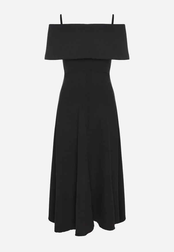 Born2be - Czarna Sukienka o Rozkloszowanym Kroju na Ramiączkach z Wywijanym Dekoltem Jenathia. Okazja: na wesele, na ślub cywilny, na studniówkę, na imprezę. Kolor: czarny. Długość rękawa: na ramiączkach