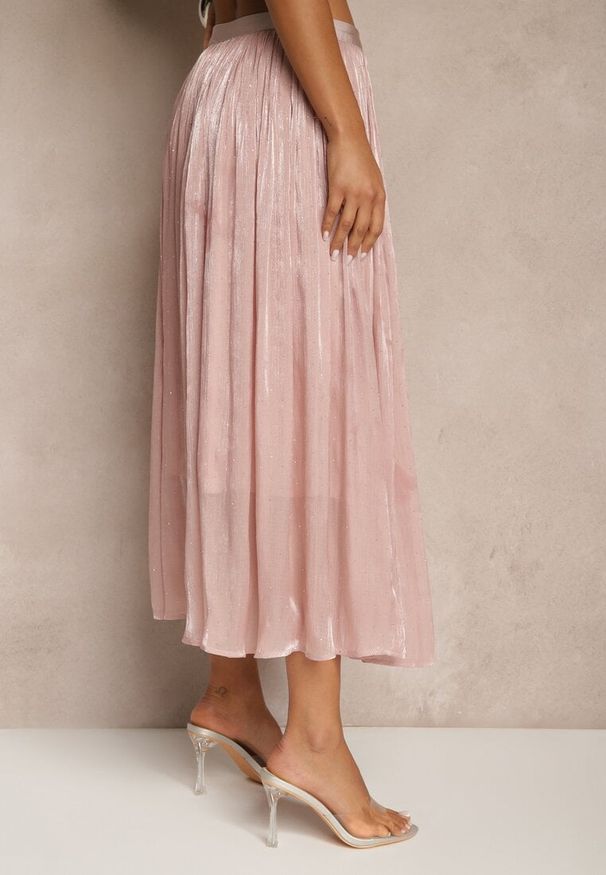 Renee - Różowa Spódnica o Rozkloszowanym Kroju z Ozdobnymi Cyrkoniami Folaressa. Okazja: na co dzień. Kolor: różowy. Wzór: aplikacja. Styl: elegancki, casual