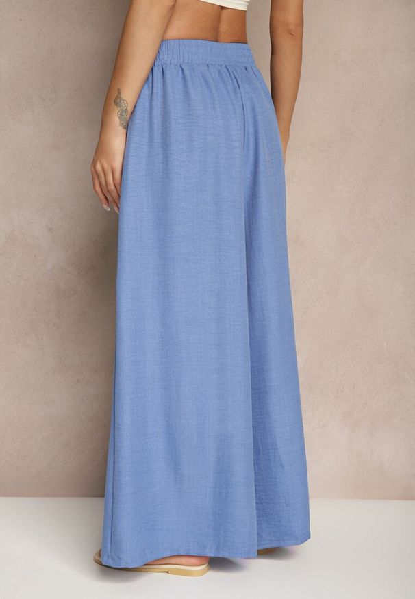 Renee - Niebieskie Szerokie Spodnie High Waist Ozdobione Wiązaniem Telonia. Okazja: na co dzień. Stan: podwyższony. Kolor: niebieski. Wzór: aplikacja. Styl: elegancki, casual
