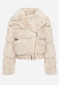Born2be - Beżowa Futrzana Kurtka z Ozdobnym Paskiem Sirunis. Kolor: beżowy. Materiał: futro. Wzór: aplikacja #4