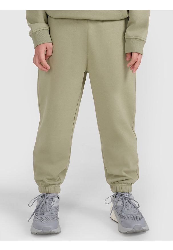 4f - 4F Spodnie dresowe joggery chłopięce - zielone 140 (9-10 lat). Okazja: na co dzień. Kolor: zielony. Materiał: dresówka. Wzór: gładki, ze splotem. Sezon: lato. Styl: sportowy, casual, młodzieżowy