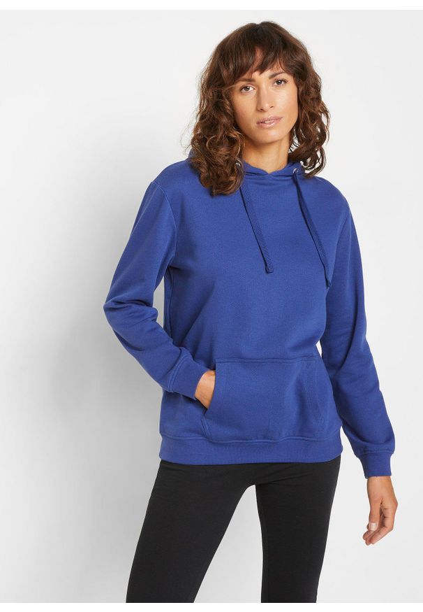 bonprix - Bluza z kapturem, z miękkiego materiału frotte. Typ kołnierza: kaptur. Kolor: niebieski. Materiał: materiał. Styl: sportowy
