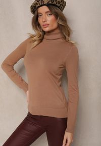 Renee - Brązowy Casualowy Golf z Wiskozą i Modalem Lannetora. Okazja: na co dzień. Typ kołnierza: golf. Kolor: beżowy. Materiał: wiskoza. Wzór: aplikacja, gładki. Styl: casual
