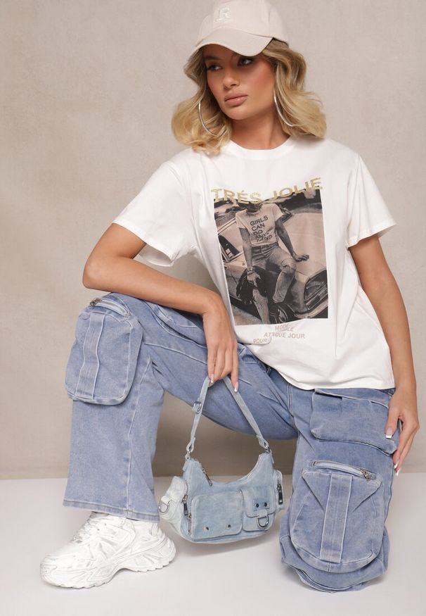 Renee - Biały Bawełniany T-shirt z Brokatem i Nadrukiem Nalamis. Okazja: na co dzień, na spacer. Kolor: biały. Materiał: bawełna. Wzór: nadruk. Styl: klasyczny, casual, elegancki