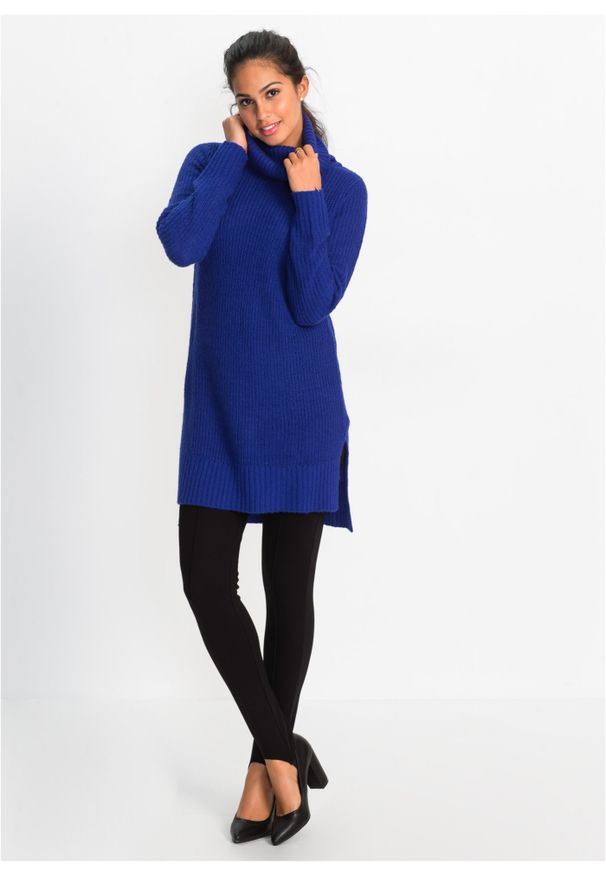 bonprix - Długi sweter dzianinowy. Typ kołnierza: golf. Kolor: niebieski. Materiał: dzianina. Długość: długie