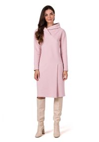 BeWear - Dzianinowa sukienka z wysokim kołnierzem bawełniana różowa. Kolor: szary, różowy. Materiał: bawełna, dzianina. Sezon: zima, jesień. Typ sukienki: sportowe, proste. Styl: sportowy #3