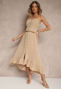 Renee - Beżowa Spódnica z Przedłużonym Tyłem Zdobiona Falbanami i Guzikami Maleira. Okazja: na co dzień. Kolor: beżowy. Wzór: aplikacja. Styl: casual, boho, elegancki #4