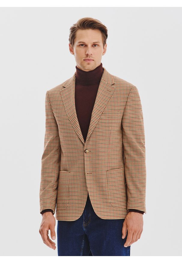 Pako Lorente - PAKO LORENTE - Beżowa marynarka w pepitkę. Okazja: na co dzień. Kolor: beżowy. Materiał: poliester, elastan, wiskoza. Sezon: jesień. Styl: casual