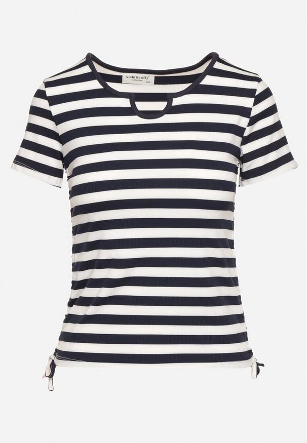 Born2be - Granatowo-Biały Prążkowany T-shirt w Paski Ściągany Troczkiem Zelretis. Okazja: na co dzień. Kolor: niebieski. Materiał: prążkowany. Wzór: paski. Styl: elegancki, casual