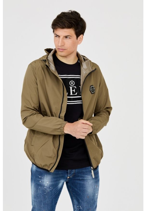 Philipp Plein - PHILIPP PLEIN Męska kurtka wiatrówka zielona, Rozmiar XL. Typ kołnierza: kaptur. Kolor: zielony