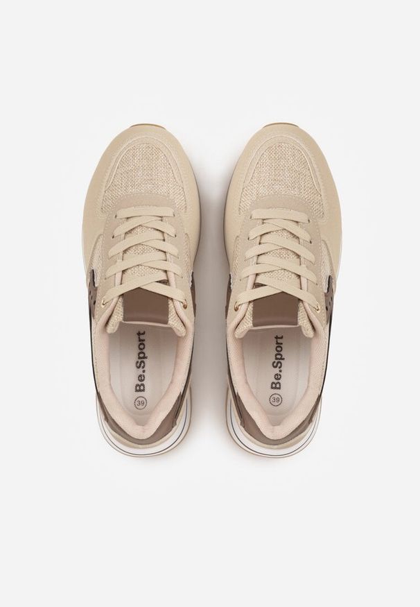 Renee - Beżowe Sneakersy na Platformie z Tweedowym Zdobieniem i Perforacją Dioseleia. Okazja: na co dzień. Kolor: beżowy. Materiał: jeans. Wzór: aplikacja. Obcas: na platformie