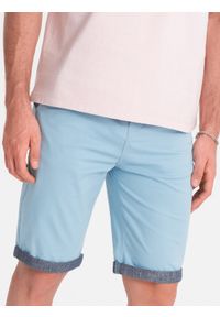 Ombre Clothing - Męskie szorty chinosy z kontrastowym podwinięciem – błękitne V3 W421 - XXL. Okazja: do pracy, na imprezę, na co dzień. Kolor: niebieski. Materiał: bawełna, tkanina, elastan. Długość: krótkie. Wzór: kolorowy. Sezon: lato. Styl: wakacyjny, casual #9