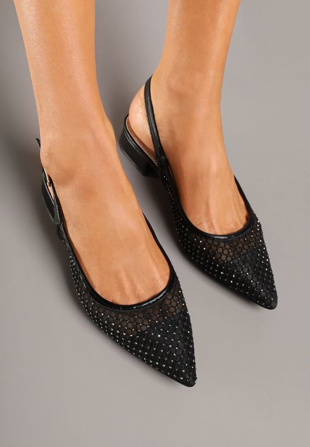 Born2be - Czarne Siateczkowe Sandały Slingback ze Skórzaną Wkładką Falwia. Okazja: na co dzień. Kolor: czarny. Materiał: skóra. Wzór: aplikacja, ażurowy. Obcas: na obcasie. Styl: elegancki, casual. Wysokość obcasa: średni