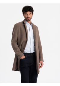 Ombre Clothing - Elegancki jednorzędowy męski płaszcz z wełną – brązowy V1 - Rozmiar: M. Kolor: brązowy. Materiał: wełna. Wzór: ze splotem, paski. Sezon: zima. Styl: elegancki #12