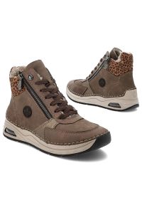 Brązowe Botki Rieker Solidne Ocieplane Buty Damskie. Okazja: na spacer, na co dzień. Zapięcie: sznurówki. Kolor: brązowy. Materiał: materiał, syntetyk. Wzór: motyw zwierzęcy. Sezon: zima, jesień. Styl: casual #8