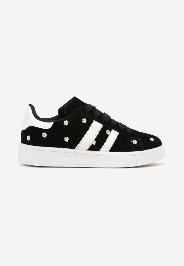 Born2be - Czarne Sneakersy z Ozdobnymi Paskami i Haftowanymi Kwiatami Malunea. Okazja: na co dzień. Zapięcie: pasek. Kolor: czarny. Materiał: jeans. Wzór: kwiaty, haft. Obcas: na obcasie. Wysokość obcasa: niski