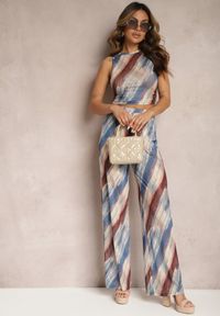 Renee - Granatowo-Beżowe Siateczkowe Spodnie Szerokie High Waist Mandiore. Okazja: na co dzień. Stan: podwyższony. Kolor: niebieski. Styl: casual, elegancki #3