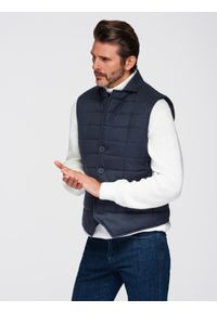 Ombre Clothing - Męska elegancka pikowana kamizelka ocieplacz - granatowy melanż V3 - Rozmiar: L/XL. Okazja: na co dzień. Kolor: niebieski. Materiał: satyna, materiał, tkanina, poliester. Długość rękawa: bez rękawów. Wzór: melanż. Styl: elegancki