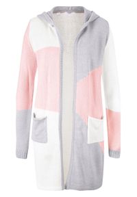 Sweter bez zapięcia z kapturem bonprix pastelowy jasnoróżowy - jasnoszary melanż - biel wełny. Typ kołnierza: kaptur. Kolor: różowy. Materiał: wełna. Wzór: melanż #1