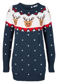 Sweter bożonarodzeniowy z motywem reniferów bonprix ciemnoniebieski wzorzysty. Kolor: niebieski. Materiał: materiał, akryl, bawełna #1