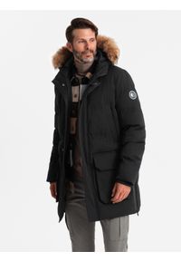 Ombre Clothing - Ocieplana męska długa kurtka parka z rozpinanym dołem – czarna V3 - Rozmiar: XL. Typ kołnierza: kołnierzyk stójkowy. Kolor: czarny. Materiał: guma, tkanina, futro, poliester, materiał, syntetyk. Długość: długie. Wzór: gładki, aplikacja #4