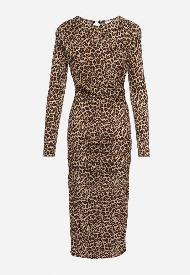Born2be - Brązowa Dopasowana Sukienka w Panterkę Zdobiona Cyrkoniami Nallines. Okazja: na co dzień. Kolor: brązowy. Długość rękawa: długi rękaw. Wzór: motyw zwierzęcy, aplikacja. Typ sukienki: dopasowane. Styl: casual, elegancki