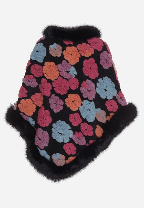 Born2be - Granatowe Wiskozowe Ponczo Ozdobione Futerkiem w Kształcie Kwiatów Leanthra. Okazja: na co dzień. Kolor: niebieski. Materiał: futro, wiskoza. Wzór: aplikacja, kwiaty. Styl: wizytowy, casual