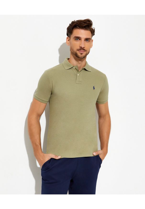 Ralph Lauren - RALPH LAUREN - Beżowa koszulka polo Slim Fit. Typ kołnierza: polo. Kolor: zielony. Materiał: bawełna, prążkowany. Wzór: haft