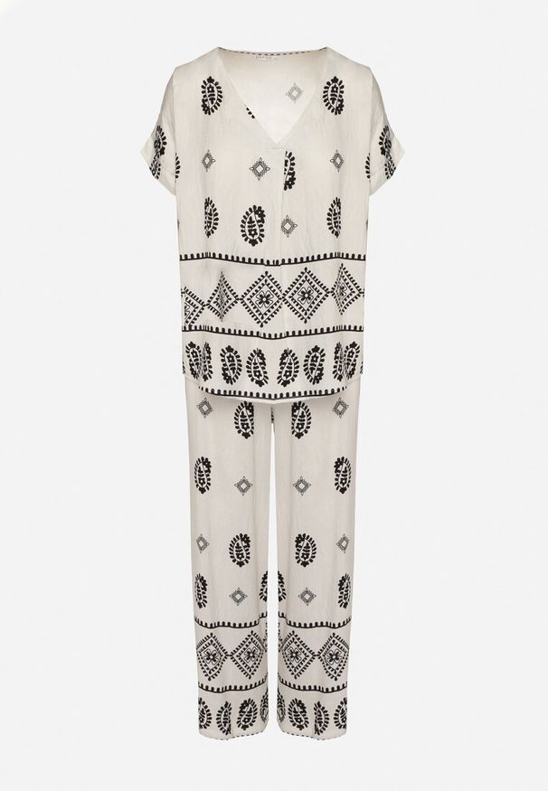 Born2be - Czarno-Biały Bawełniany Komplet Koszula i Szerokie Spodnie w Stylu Boho Ollirive. Kolor: biały. Materiał: bawełna. Wzór: aplikacja