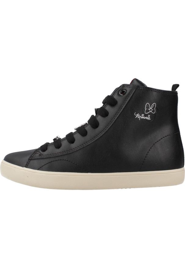 Buty do chodzenia damskie Geox Disney. Zapięcie: sznurówki. Kolor: czarny. Materiał: syntetyk, tkanina, materiał. Szerokość cholewki: normalna. Wzór: motyw z bajki. Sport: turystyka piesza