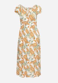 Born2be - Biało-Pomarańczowa Bawełniana Sukienka z Gumką w Pasie Zilletta. Kolor: biały. Materiał: bawełna. Sezon: lato #4