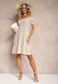 Renee - Beżowa Bawełniana Sukienka o Rozkloszowanym Kroju z Gumką przy Dekolcie Moridia. Kolor: beżowy. Materiał: bawełna. Typ sukienki: rozkloszowane. Styl: elegancki #3