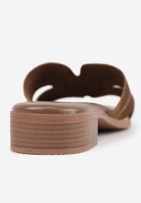 Born2be - Ciemnobrązowe Klapki VICES na Niskim Słupku z Ozdobnymi Wycięciami w Cholewce Celatheis. Okazja: na co dzień, na spacer. Kolor: brązowy. Materiał: len. Wzór: haft. Sezon: lato. Obcas: na słupku. Styl: casual, elegancki #4