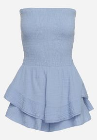 Born2be - Jasnoniebieski Kombinezon z Bawełny z Elastyczną Gumką w Talii i Falbanką Olialia. Okazja: na spacer. Kolor: niebieski. Materiał: bawełna. Sezon: lato #4