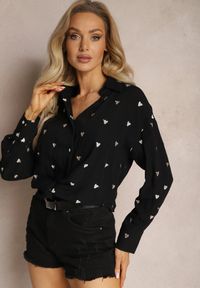 Renee - Czarna Klasyczna Koszula Bawełniana z Dodatkiem Lnu Larnniea. Okazja: na spacer. Kolor: czarny. Materiał: bawełna, len. Sezon: lato. Styl: klasyczny #3